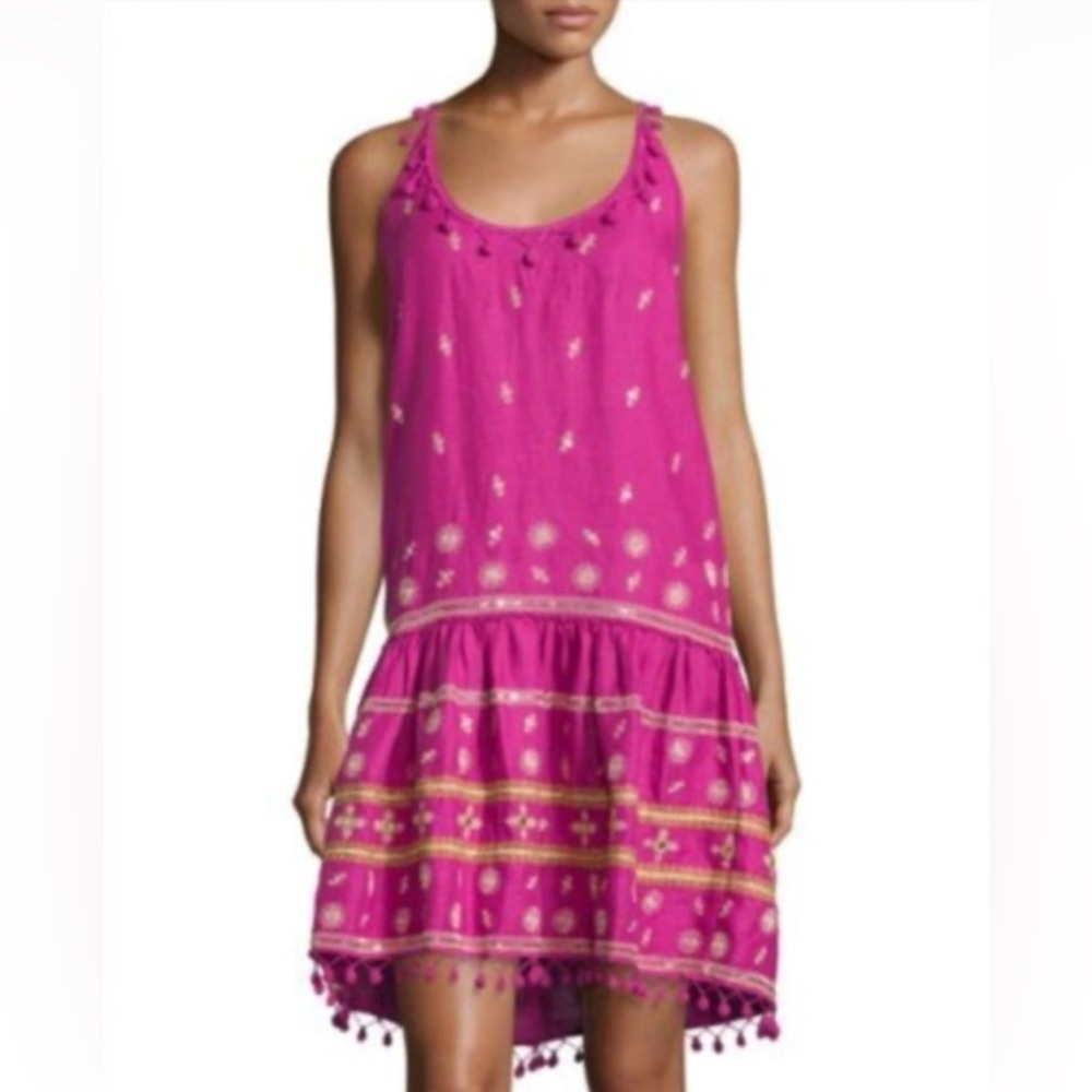 Calypso St. Barth Zulema Pink Linen Embroidered Pom‎ Pom Dress – XS